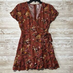 Xhilaration Floral Short Sleeve Faux Wrap Mini Dress Womens M Zip Back